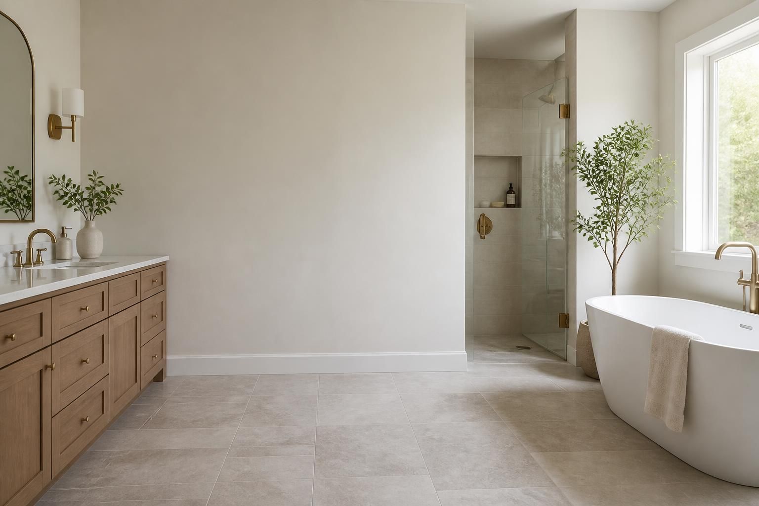 Finished bathroom with open space and polished fixtures.