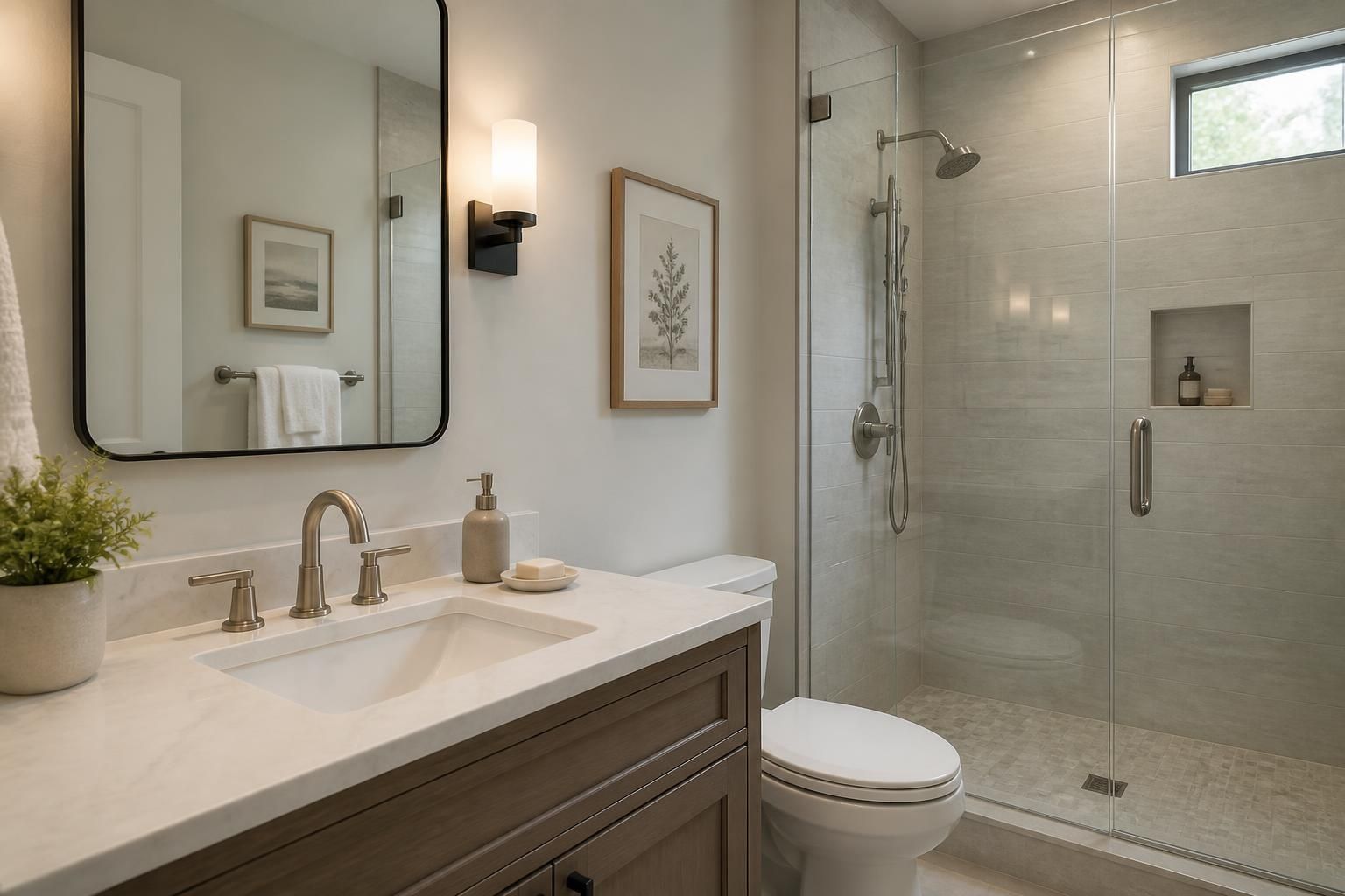 Finished bathroom with clean fixtures and a modern shower area.