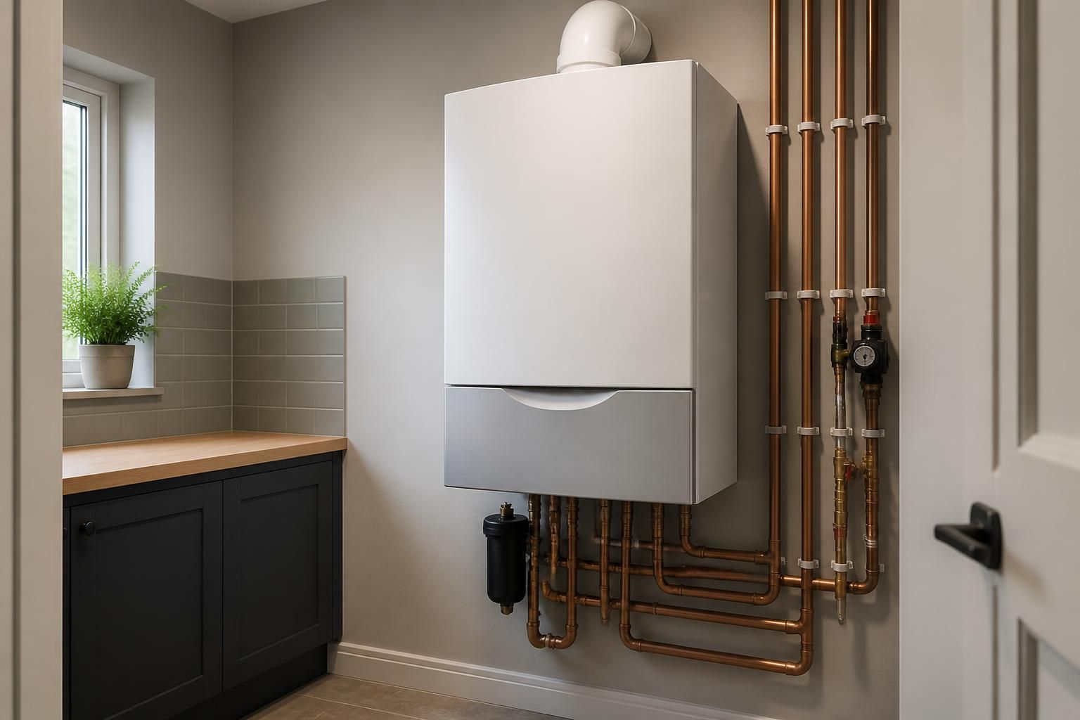 New boiler installed in a clean utility room.