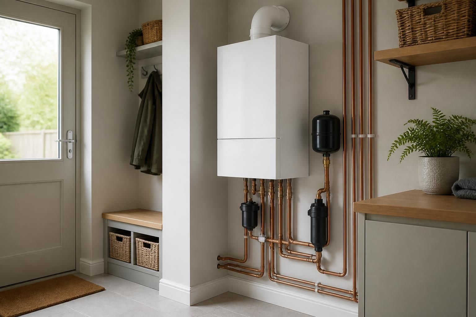 Neat utility area with a modern boiler and tidy pipework.