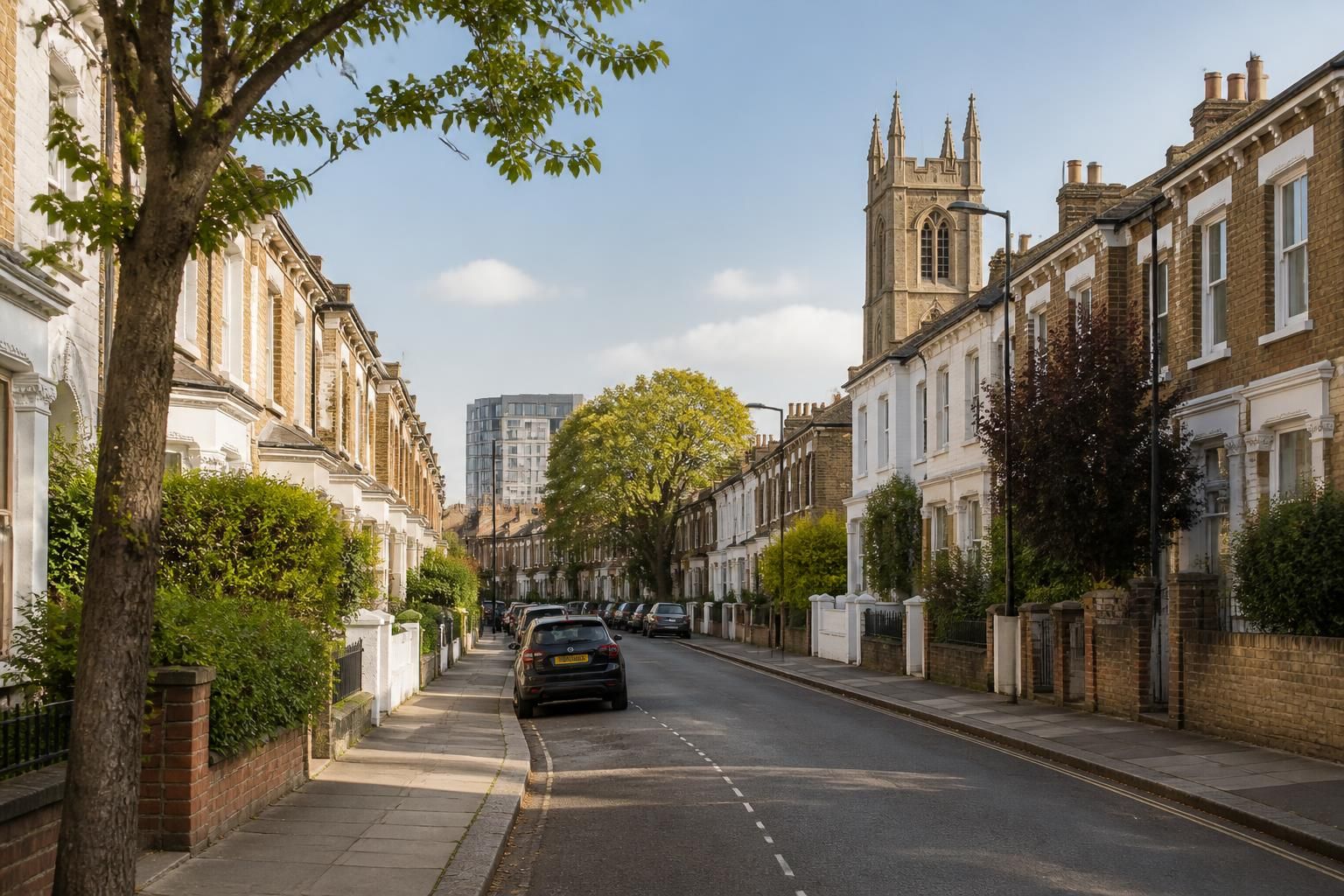 Welcoming Brixton street with tidy residential buildings.