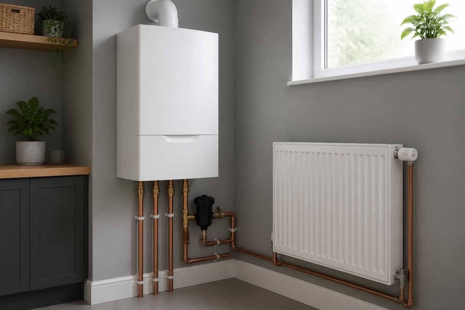 Modern central heating system with clean boiler and tidy pipework.