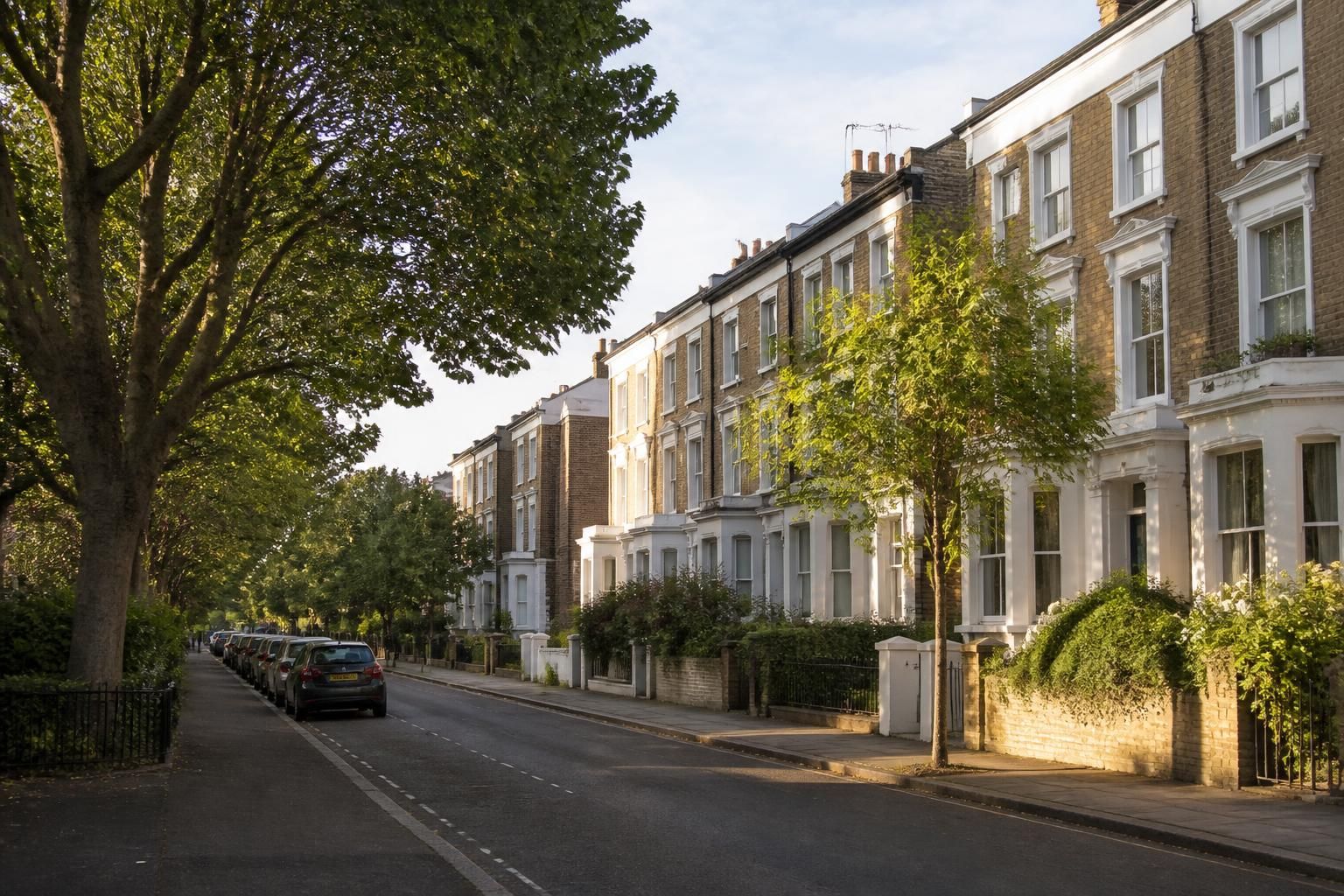 Welcoming Clapham street with townhouses and mature trees.