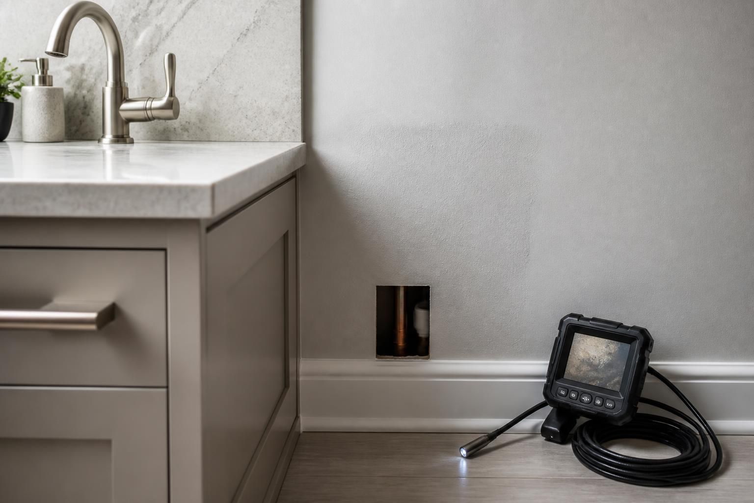 Clean bathroom area with leak detection and repaired surface detail.