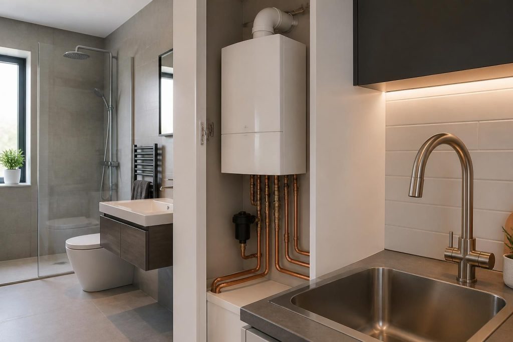 Modern bathroom with polished plumbing fixtures and a clean boiler installation.