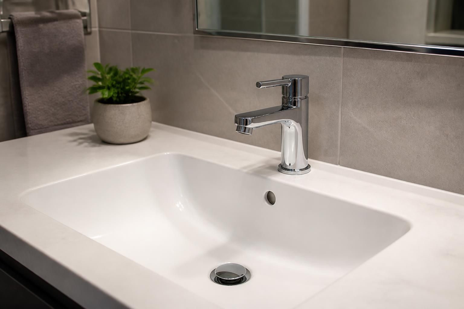 Finished plumbing repairs in a modern bathroom.