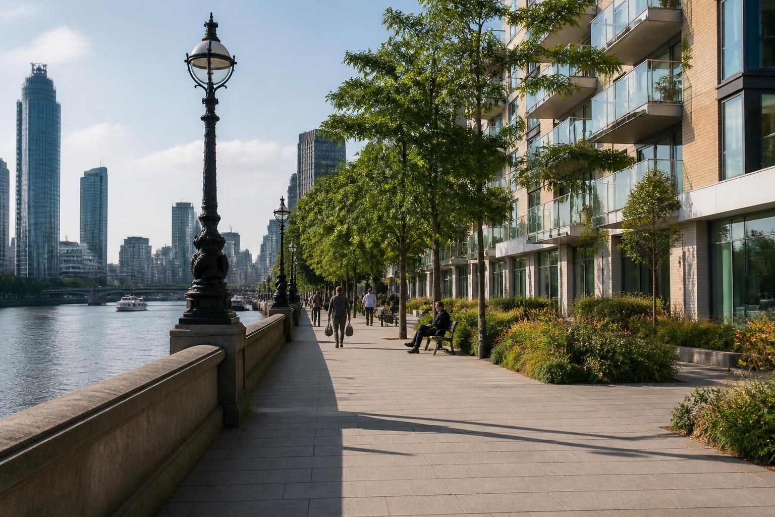 Welcoming Vauxhall riverside street with modern apartments.